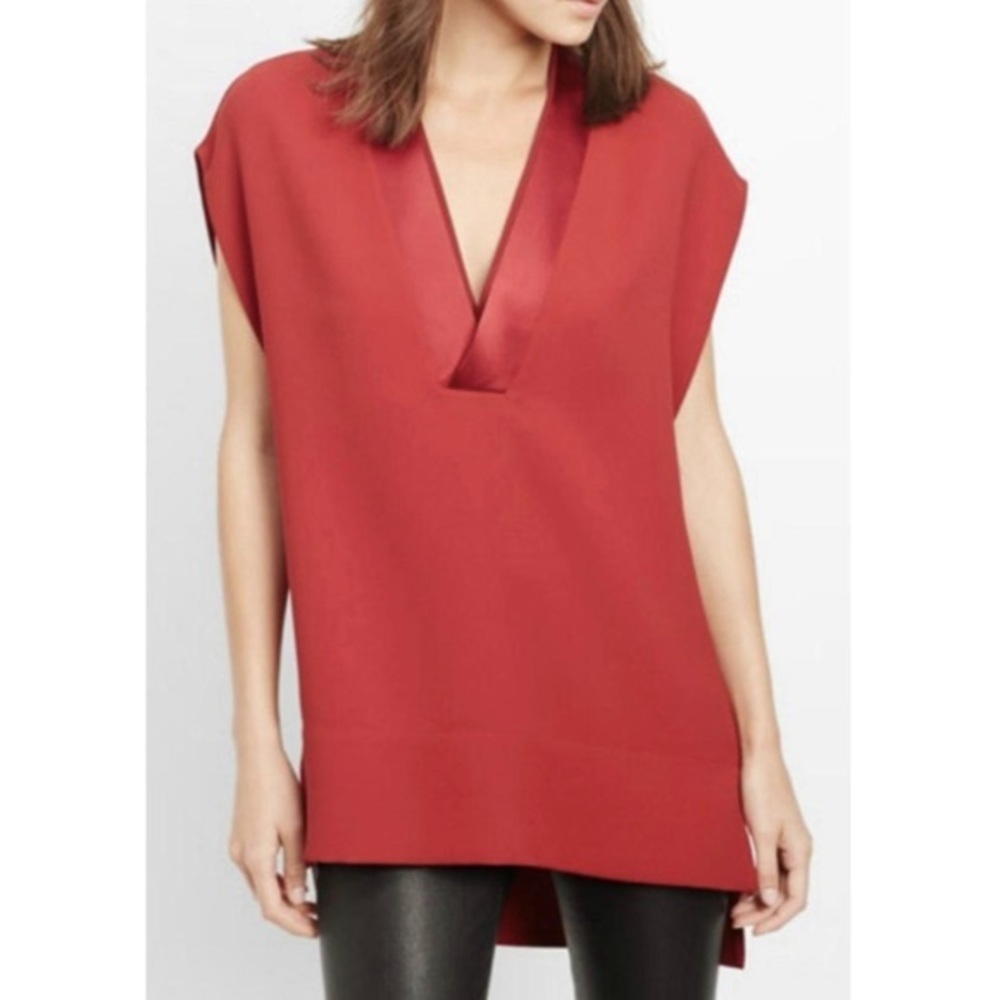 VINCE. Red Satin Trim V-Neck Tunic Blouse